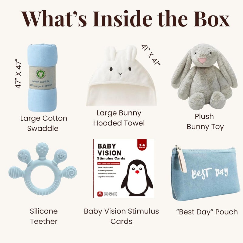 Tiny Treasures New Baby Gift Basket Set with Adorable Newborn Essentials for Baby Girl and Boy | Quality Baby Shower Gift Baskets with Soft Swaddle Blanket | Cutest Newborn Gift Set, Gift-Ready Packaging (Blue) - Image 4